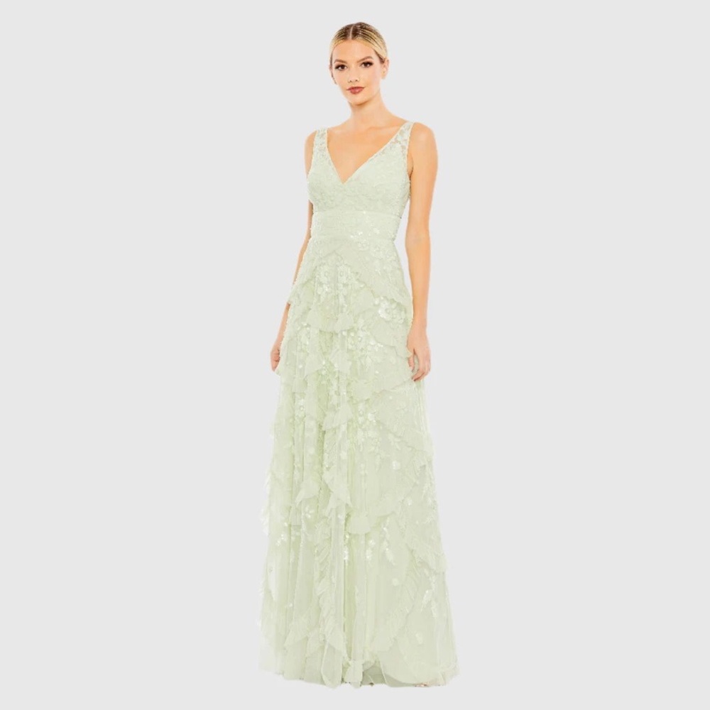 Mac Duggal Light Green Lace Maxi Dress
